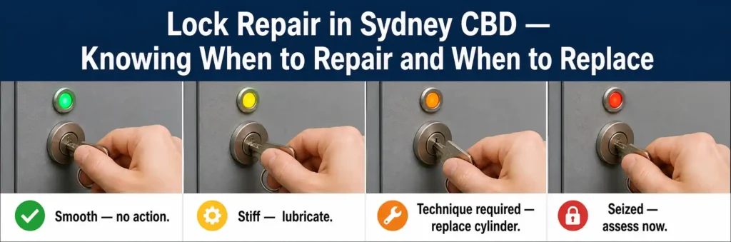 Four stages of lock condition assessment showing a smooth lock, a stiff lock requiring lubrication, a lock needing professional repair, and a seized lock requiring inspection.