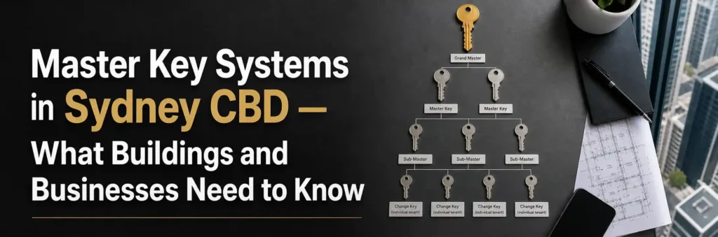 Master key system diagram showing a grand master key, master keys, sub-master keys, and individual change keys arranged on a desk in a Sydney CBD commercial setting.