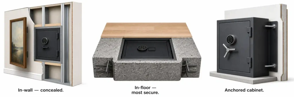 Three safe installation options for Sydney CBD properties, showing a concealed in-wall safe, an in-floor safe secured in concrete, and an anchored cabinet safe.