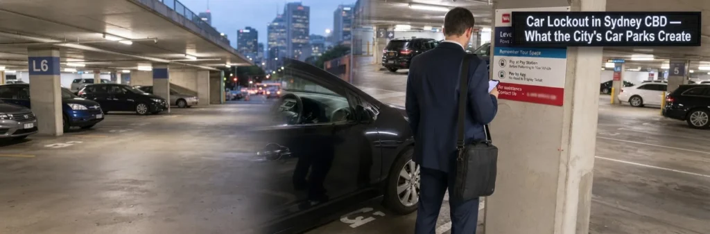 Business professional standing beside a black car in a multi-storey Sydney CBD car park, illustrating a vehicle lockout scenario.